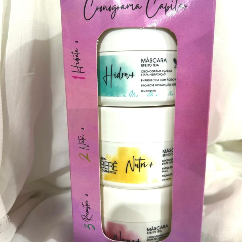 kit Cronograma Capilar composto por 1 Máscara Nutri +, 1 Máscara Hidra +, Máscara Nano +. (incluso caixinha personalizada)